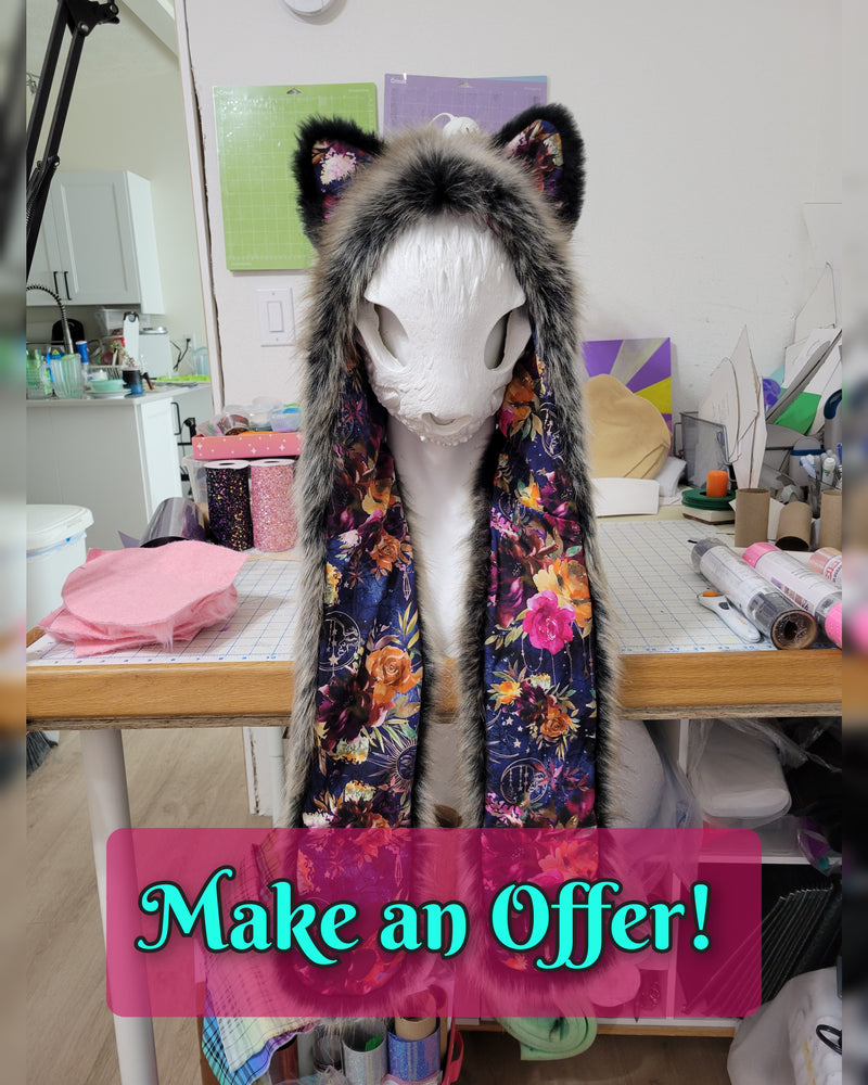 Make an Offer! Mystic Floral Grey Wolf Full Hood (Large)